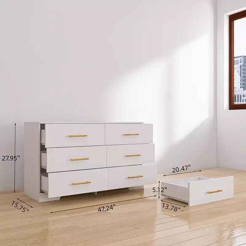 Large Chest of , Dressers Table with 6 Drawers & Golden Handle for Living Room Bedroom, White