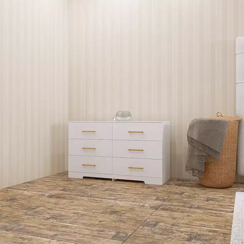 Large Chest of , Dressers Table with 6 Drawers & Golden Handle for Living Room Bedroom, White