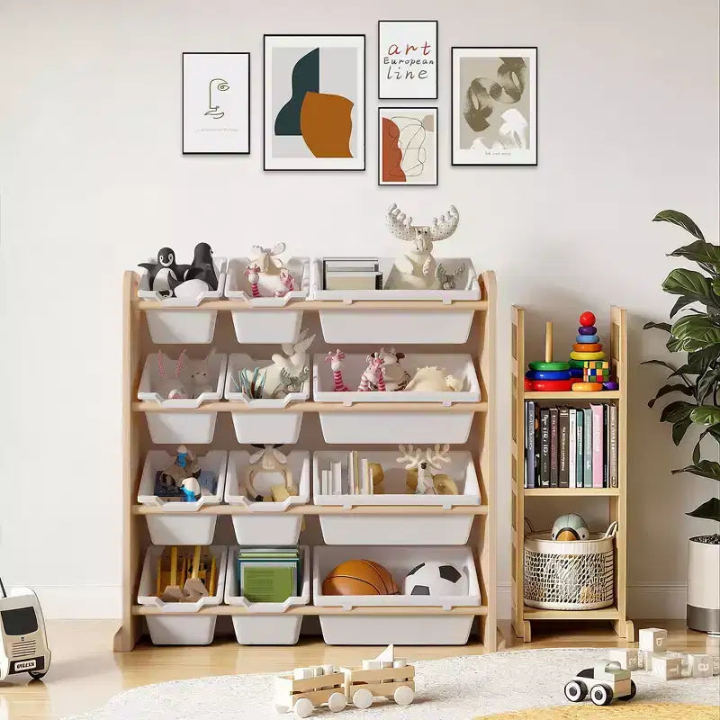 Kids Toy 12 , Wooden Toy Rack for Toddlers, Large-Capacity Playroom for Books or Toys