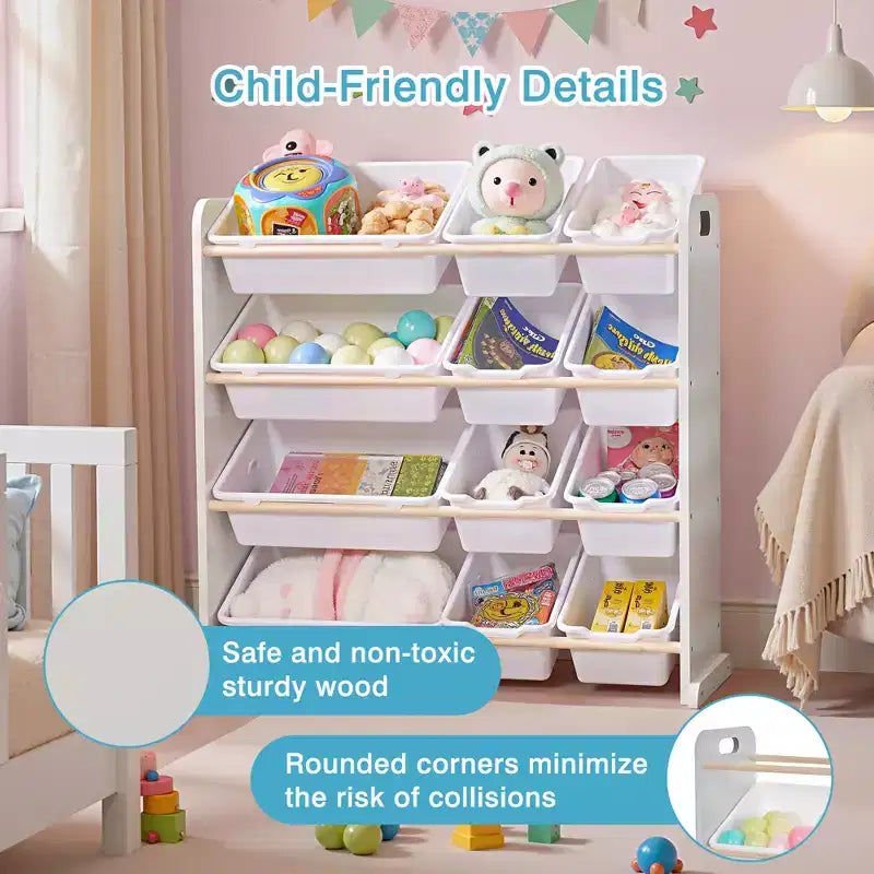 Kids Toy 12 , Wooden Toy Rack for Toddlers, Large-Capacity Playroom for Books or Toys