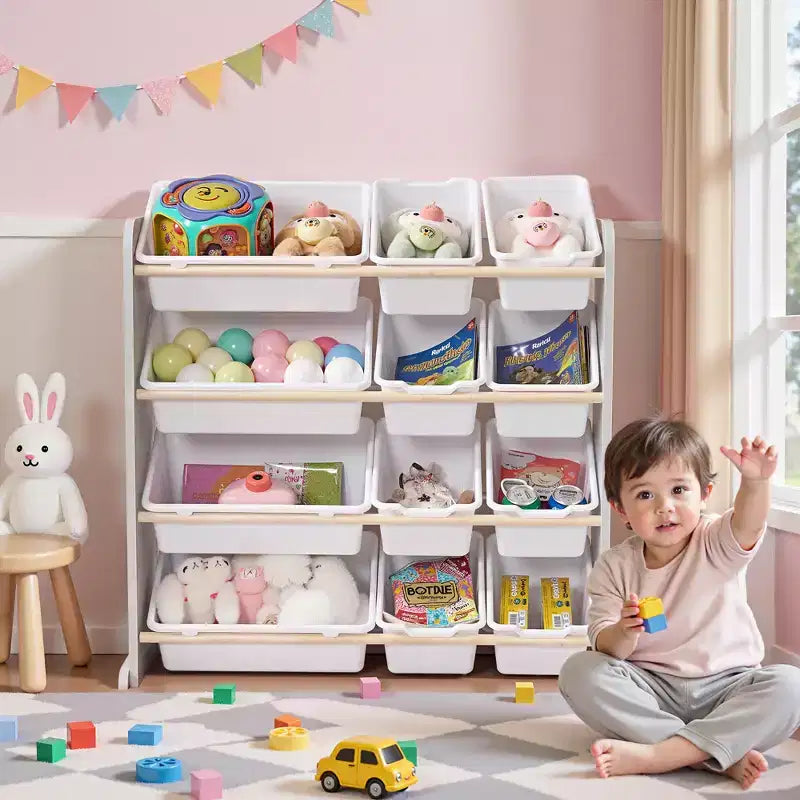 Kids Toy 12 , Wooden Toy Rack for Toddlers, Large-Capacity Playroom for Books or Toys