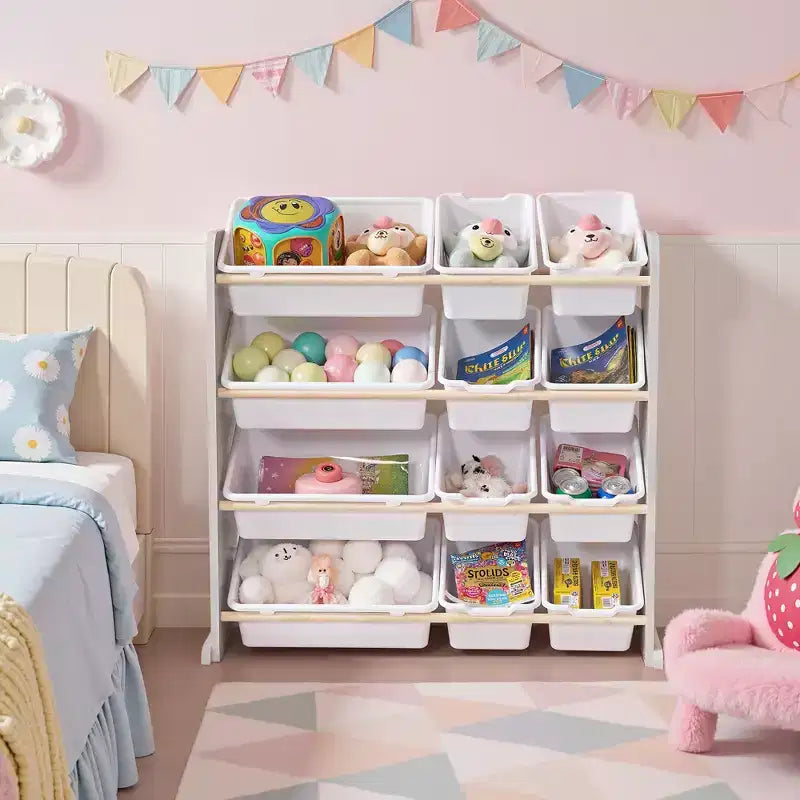 Kids Toy 12 , Wooden Toy Rack for Toddlers, Large-Capacity Playroom for Books or Toys
