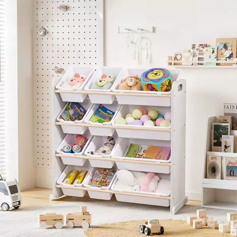 Kids Toy 12 , Wooden Toy Rack for Toddlers, Large-Capacity Playroom for Books or Toys