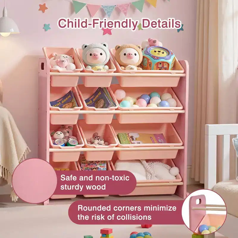 Kids Toy 12 , Wooden Toy Rack for Toddlers, Large-Capacity Playroom for Books or Toys