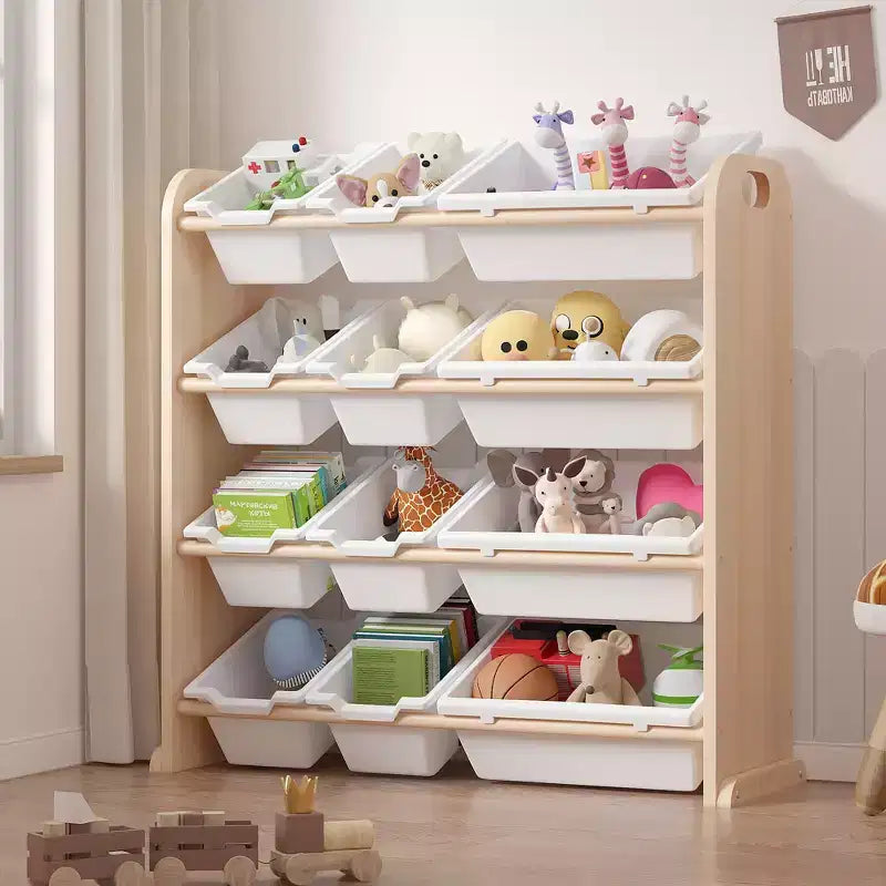 VECELO Kids Bookshelf Toy Storage with 12 Bins, Wooden Toy Rack for Toddlers, Large-Capacity Playroom Storage for Books or Toys