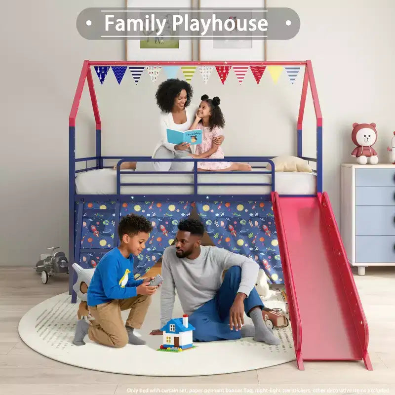 Metal Junior House Twin Loft Bed with Slide, Curtain Set, Pennant Banner Flag and Star Stickers