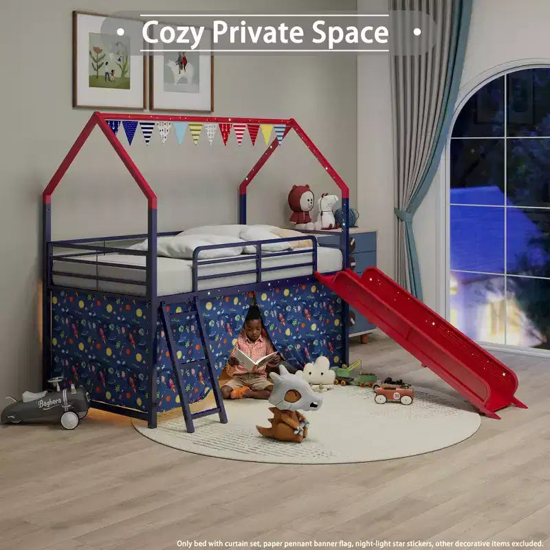 Metal Junior House Twin Loft Bed with Slide, Curtain Set, Pennant Banner Flag and Star Stickers