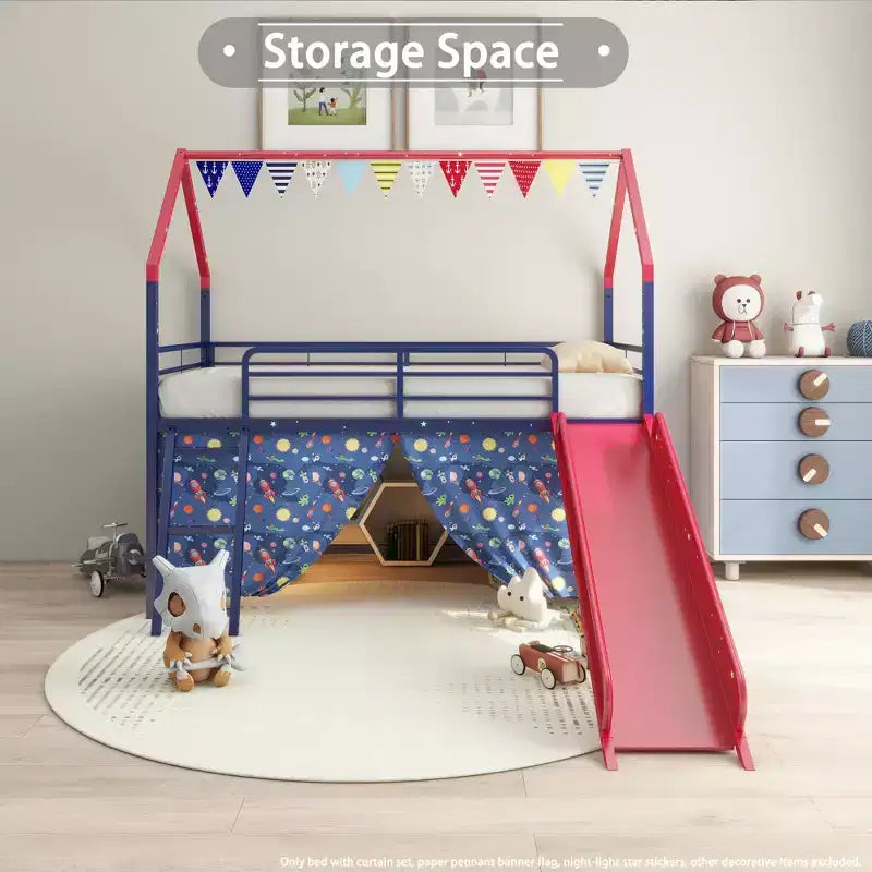 Metal Junior House Twin Loft Bed with Slide, Curtain Set, Pennant Banner Flag and Star Stickers