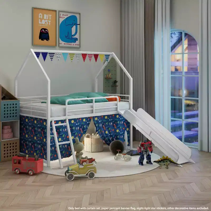 Metal Junior House Twin Loft Bed with Slide, Curtain Set, Pennant Banner Flag and Star Stickers