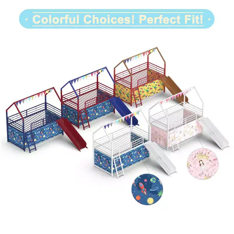 Metal Junior House Twin Loft Bed with Slide, Curtain Set, Pennant Banner Flag and Star Stickers