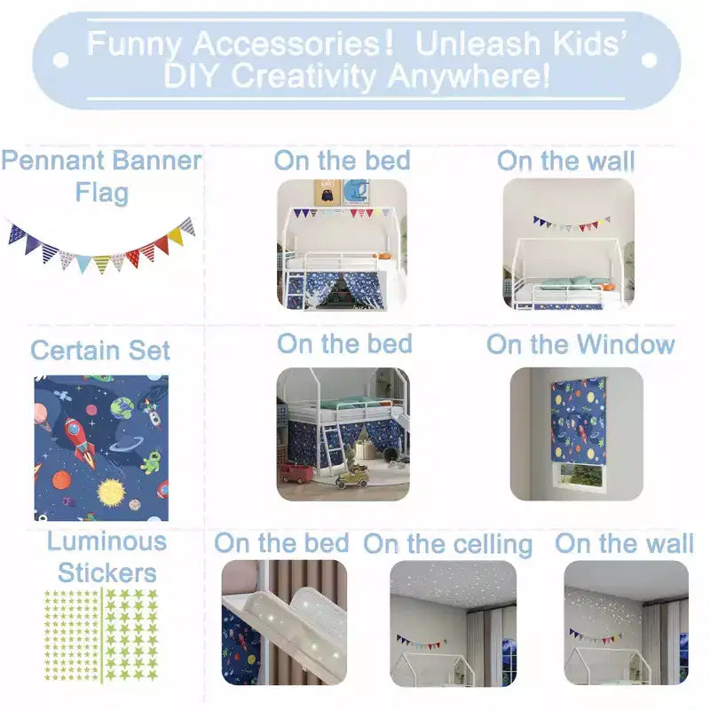 Metal Junior House Twin Loft Bed with Slide, Curtain Set, Pennant Banner Flag and Star Stickers