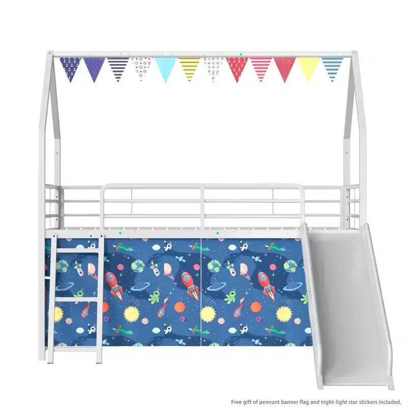 Metal Junior House Twin Loft Bed with Slide, Curtain Set, Pennant Banner Flag and Star Stickers