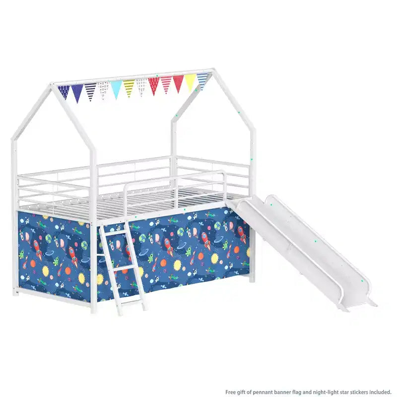 Metal Junior House Twin Loft Bed with Slide, Curtain Set, Pennant Banner Flag and Star Stickers