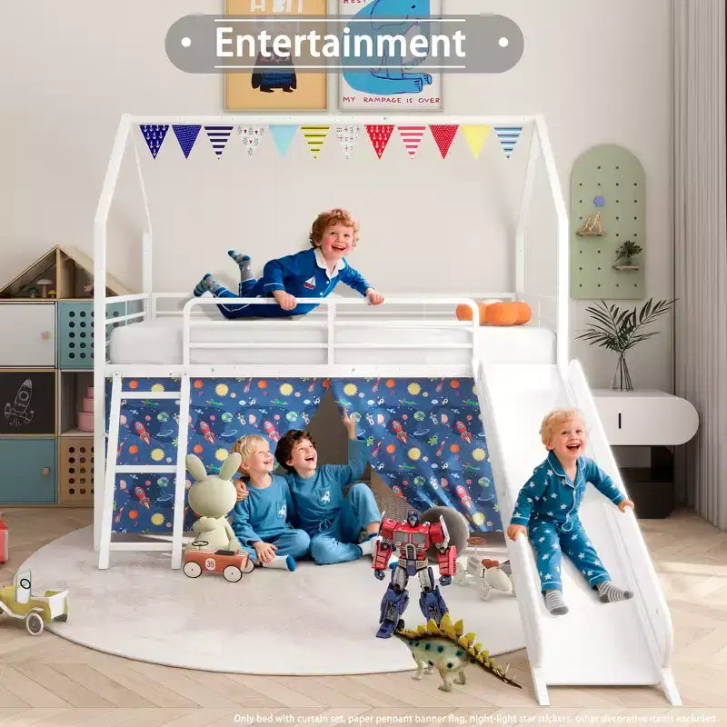 Metal Junior House Twin Loft Bed with Slide, Curtain Set, Pennant Banner Flag and Star Stickers