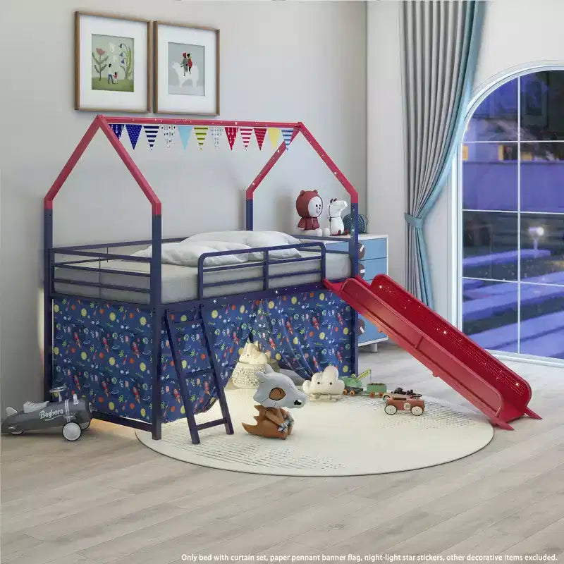 Metal Junior House Twin Loft Bed with Slide, Curtain Set, Pennant Banner Flag and Star Stickers