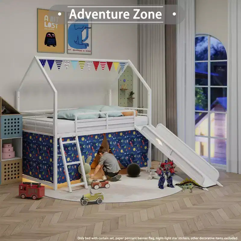 Metal Junior House Twin Loft Bed with Slide, Curtain Set, Pennant Banner Flag and Star Stickers