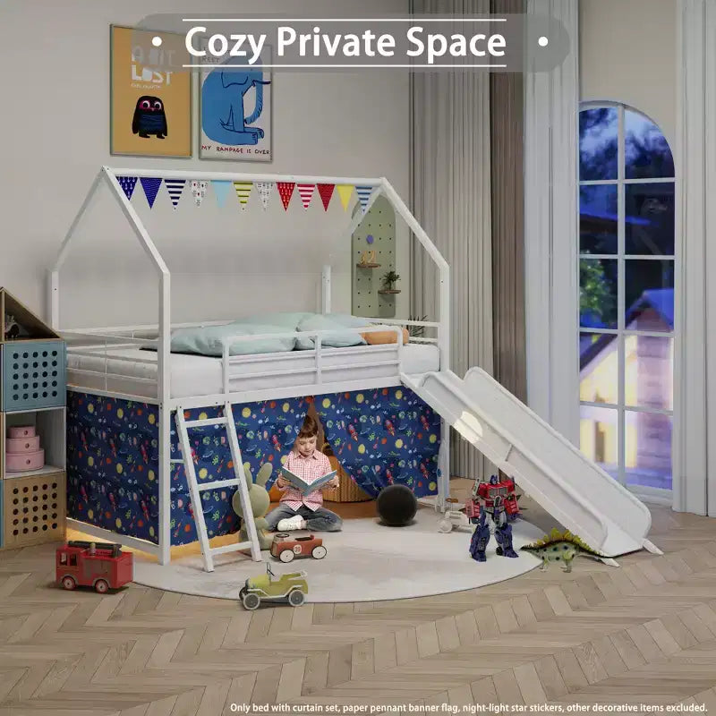 Metal Junior House Twin Loft Bed with Slide, Curtain Set, Pennant Banner Flag and Star Stickers