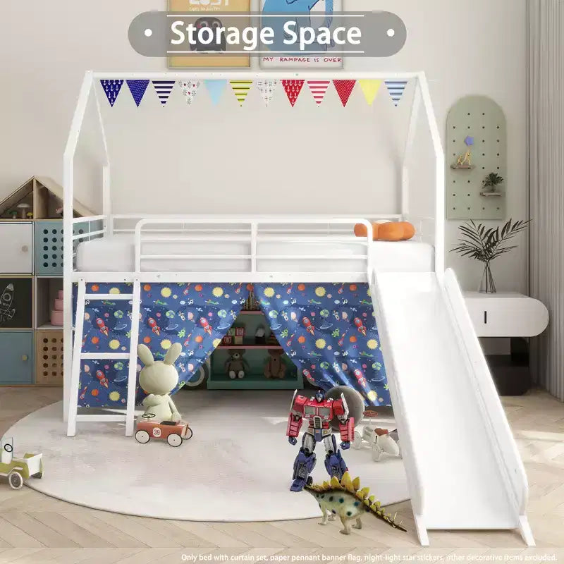 Metal Junior House Twin Loft Bed with Slide, Curtain Set, Pennant Banner Flag and Star Stickers