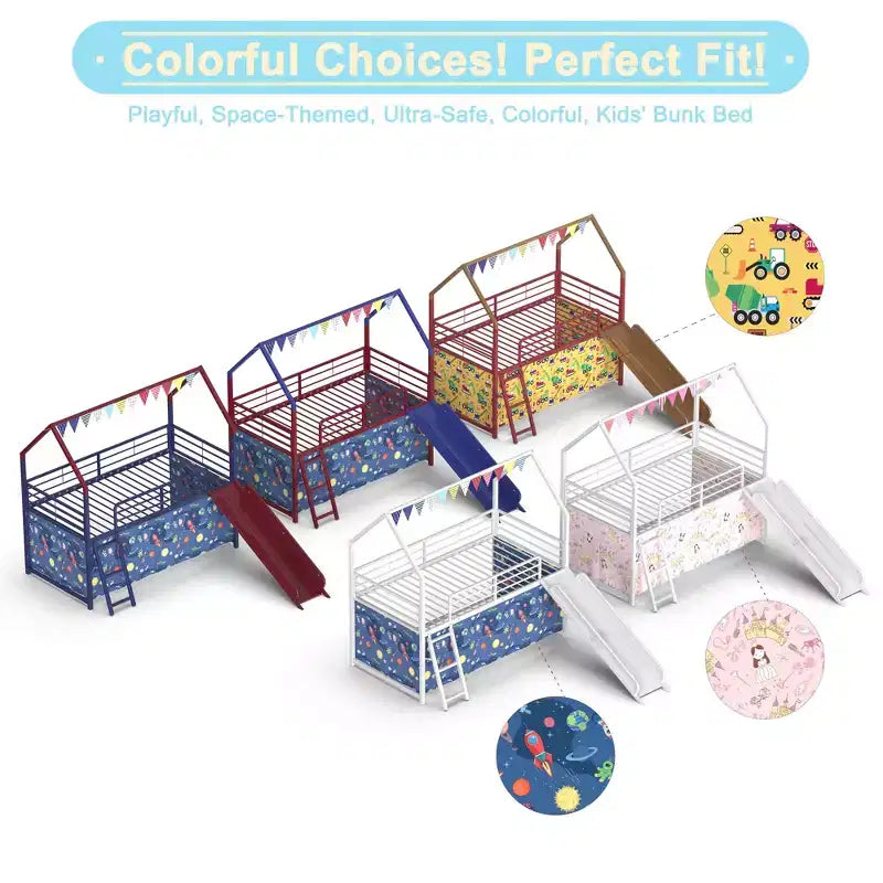 Metal Junior House Twin Loft Bed with Slide, Curtain Set, Pennant Banner Flag and Star Stickers