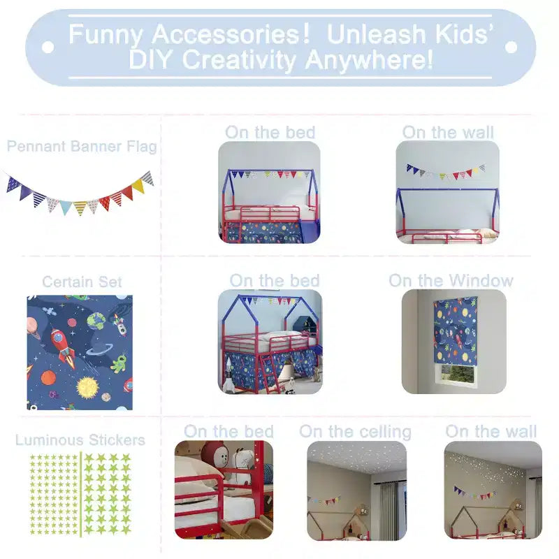 Metal Junior House Twin Loft Bed with Slide, Curtain Set, Pennant Banner Flag and Star Stickers