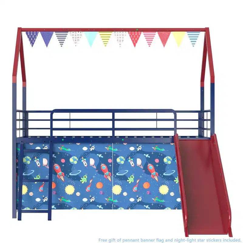Metal Junior House Twin Loft Bed with Slide, Curtain Set, Pennant Banner Flag and Star Stickers