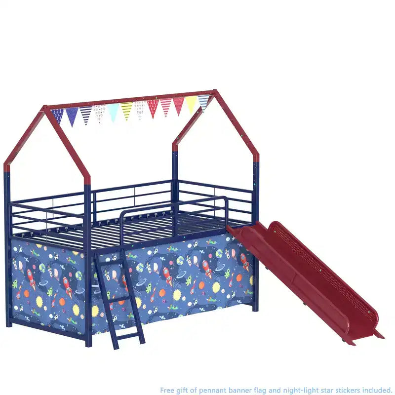 Metal Junior House Twin Loft Bed with Slide, Curtain Set, Pennant Banner Flag and Star Stickers