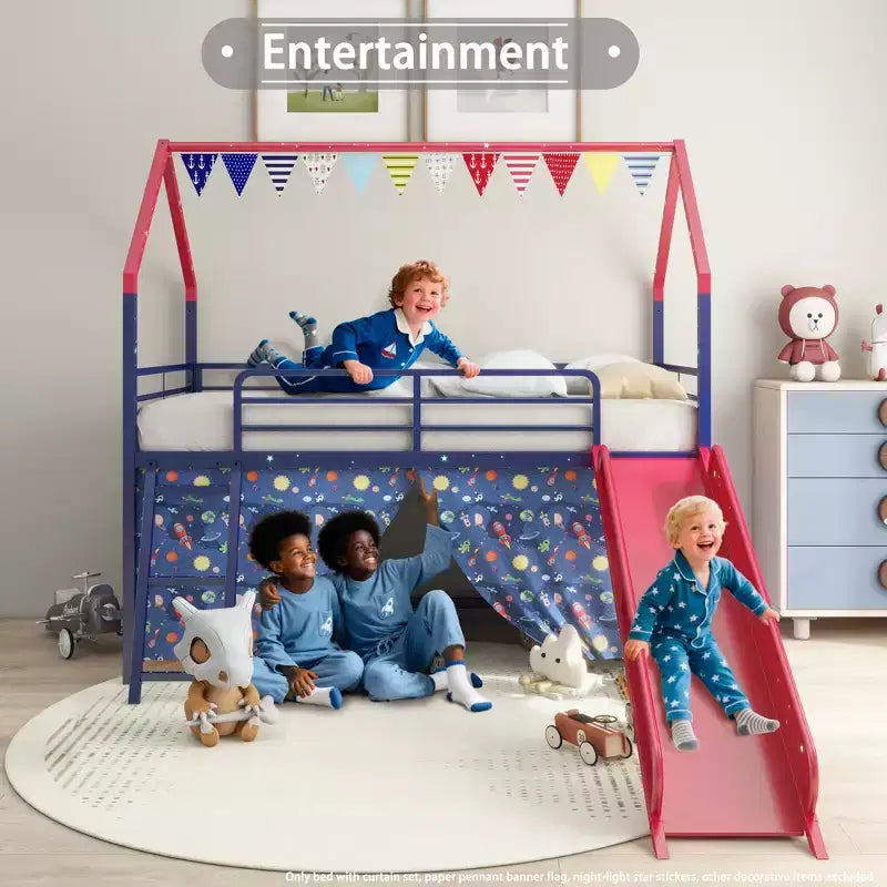Metal Junior House Twin Loft Bed with Slide, Curtain Set, Pennant Banner Flag and Star Stickers
