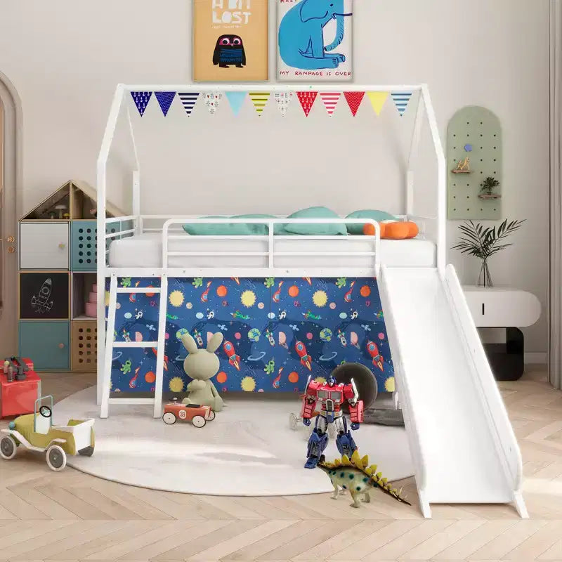 Metal Junior House Twin Loft Bed with Slide, Curtain Set, Pennant Banner Flag and Star Stickers