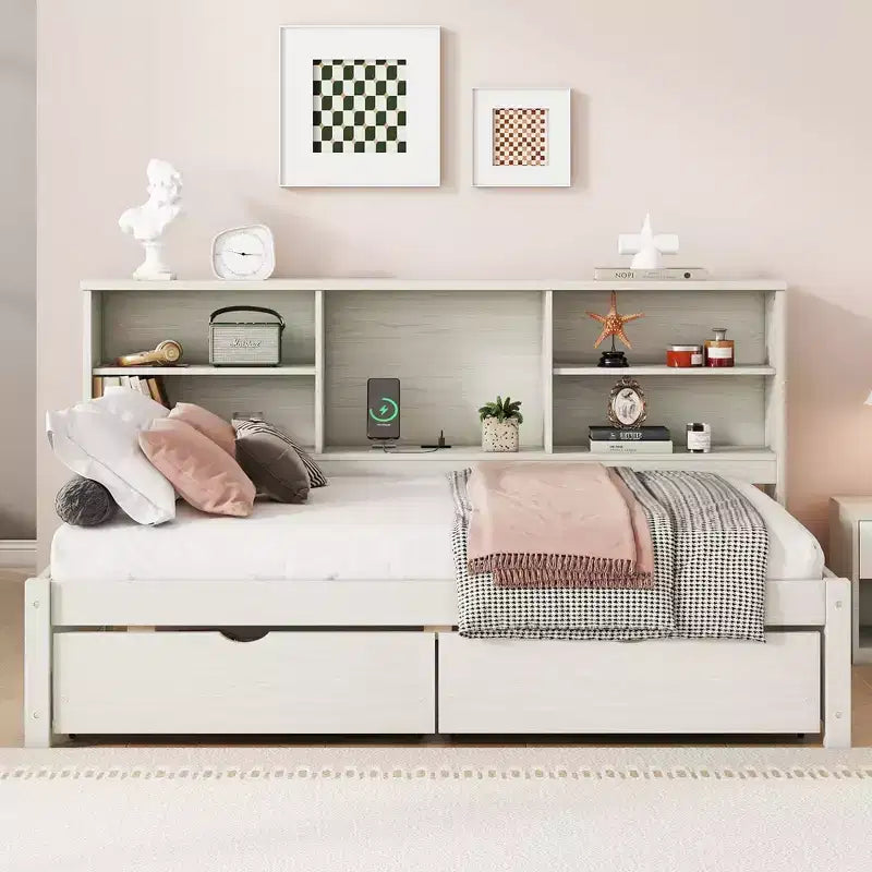 Twin Size Bed Frame With Side Bookshelves, Two Drawers, And Built-in USB Port For Creamy White Color