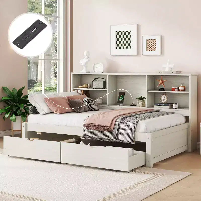 Twin Size Bed Frame With Side Bookshelves, Two Drawers, And Built-in USB Port For Creamy White Color