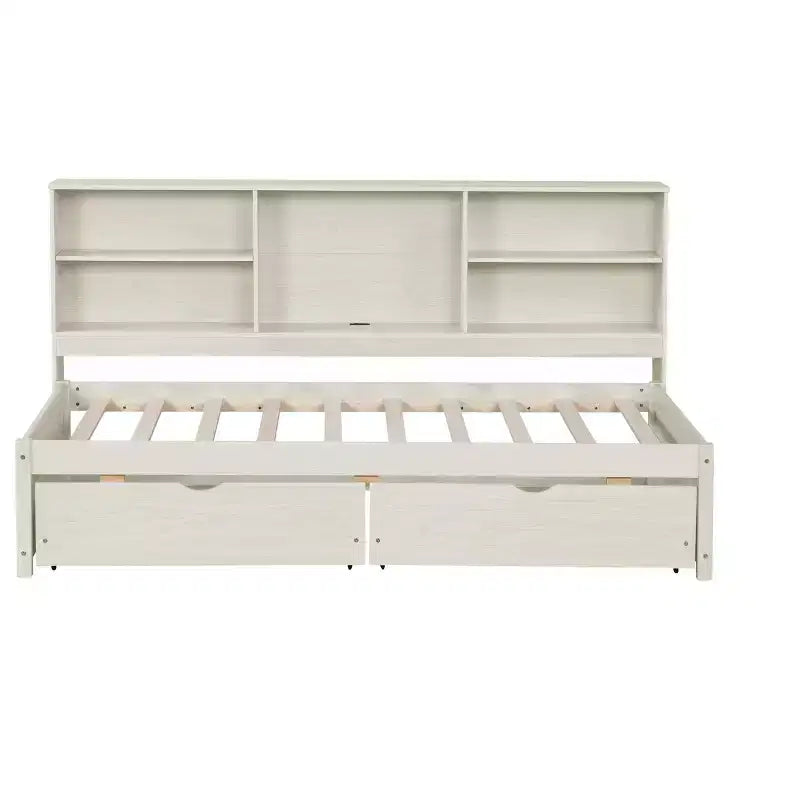 Twin Size Bed Frame With Side Bookshelves, Two Drawers, And Built-in USB Port For Creamy White Color