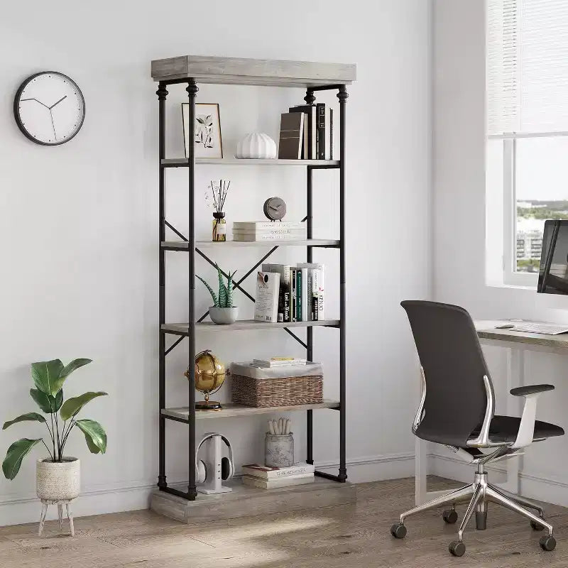 6 Tier Wooden Industrial Bookshelf,Open Shelf with Metal Frame,Large Grey Display Shelf for Bedroom,Living Room,Office