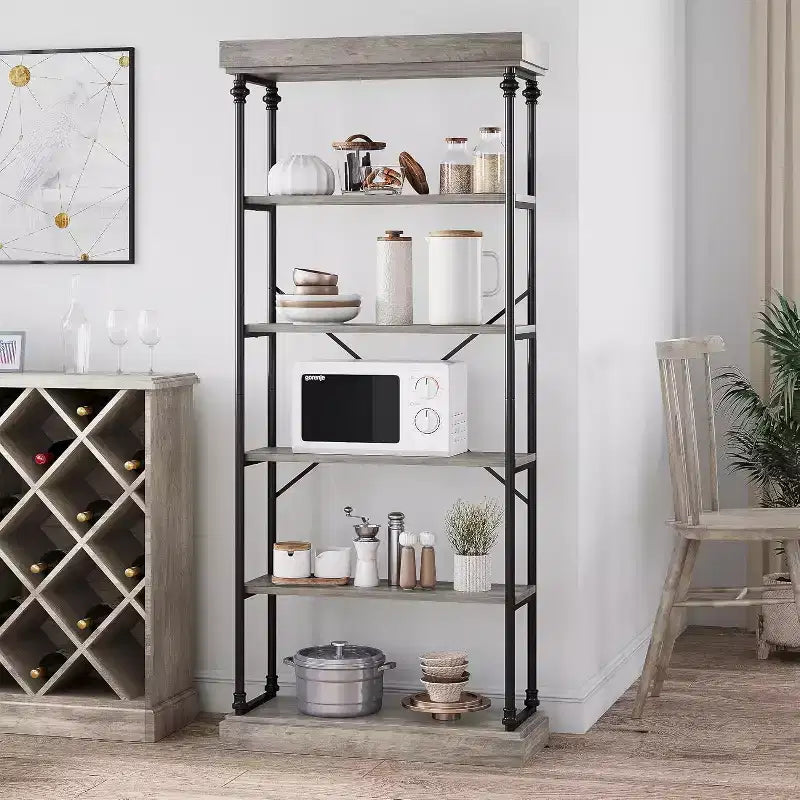 6 Tier Wooden Industrial Bookshelf,Open Shelf with Metal Frame,Large Grey Display Shelf for Bedroom,Living Room,Office
