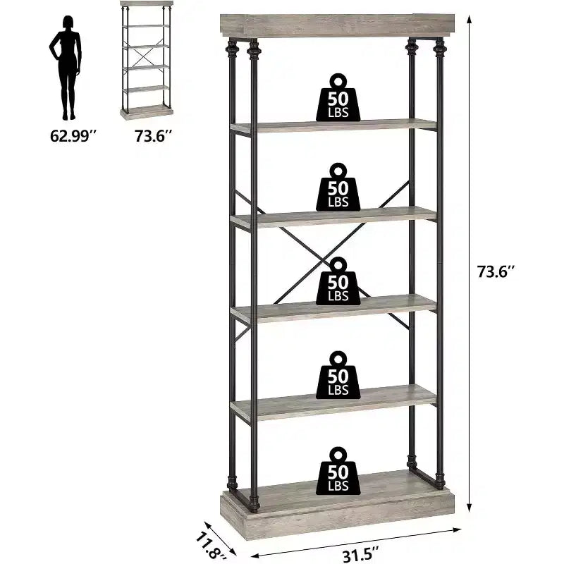 6 Tier Wooden Industrial Bookshelf,Open Shelf with Metal Frame,Large Grey Display Shelf for Bedroom,Living Room,Office
