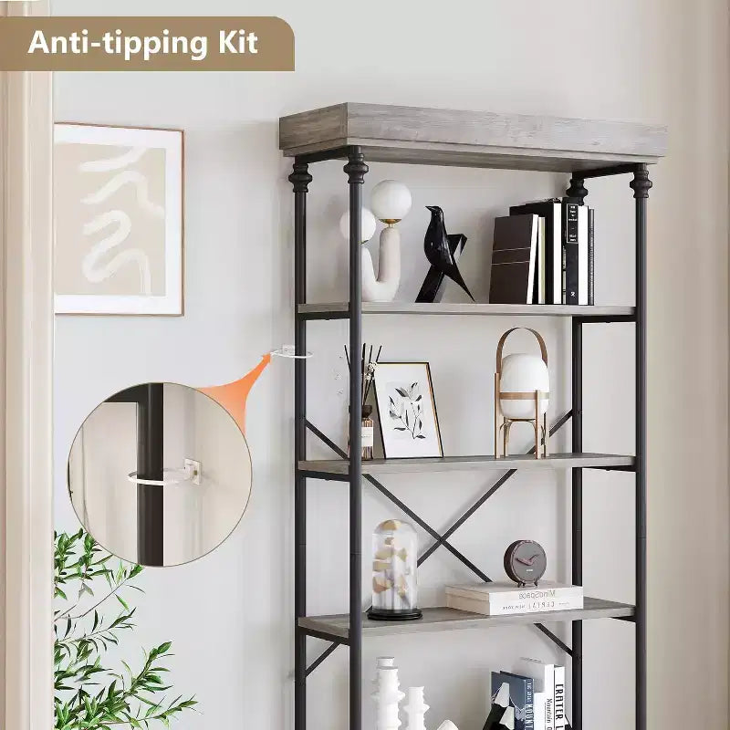 6 Tier Wooden Industrial Bookshelf,Open Shelf with Metal Frame,Large Grey Display Shelf for Bedroom,Living Room,Office