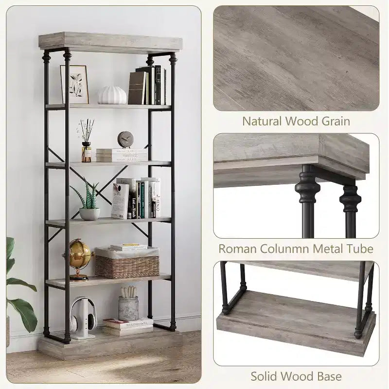 6 Tier Wooden Industrial Bookshelf,Open Shelf with Metal Frame,Large Grey Display Shelf for Bedroom,Living Room,Office
