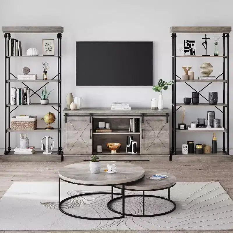 6 Tier Wooden Industrial Bookshelf,Open Shelf with Metal Frame,Large Grey Display Shelf for Bedroom,Living Room,Office