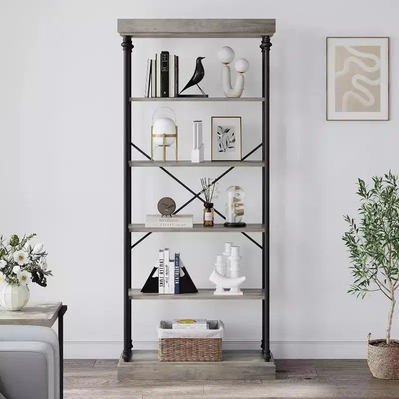 6 Tier Wooden Industrial Bookshelf,Open Shelf with Metal Frame,Large Grey Display Shelf for Bedroom,Living Room,Office