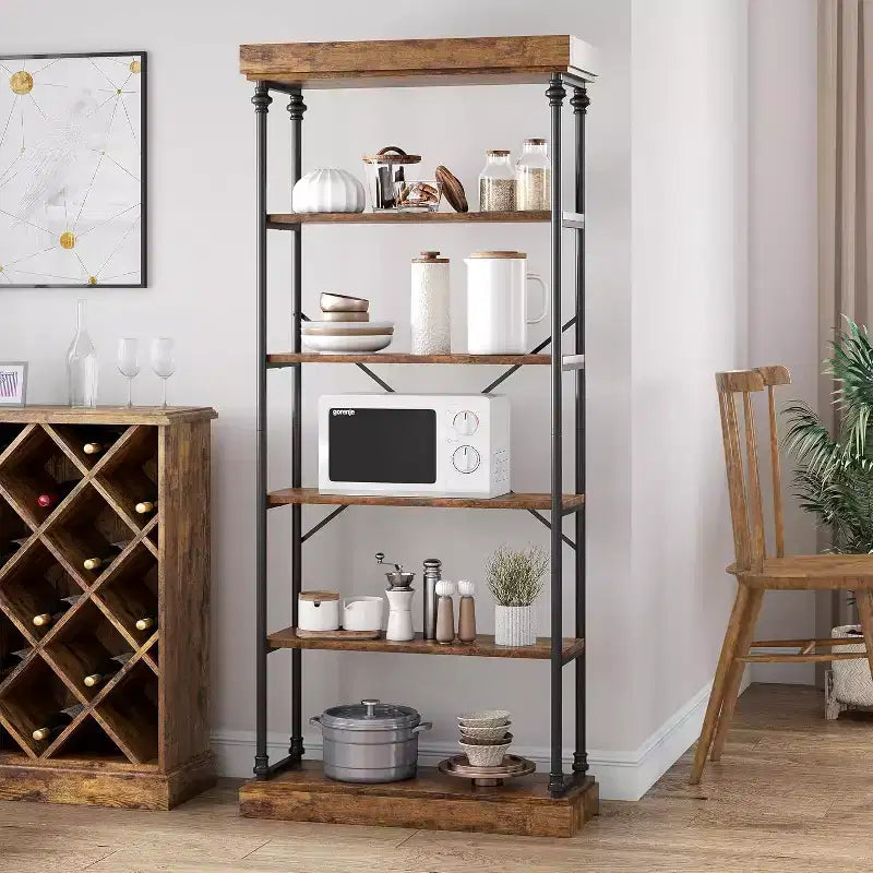 6 Tier Wooden Industrial Bookshelf,Open Shelf with Metal Frame,Large Grey Display Shelf for Bedroom,Living Room,Office