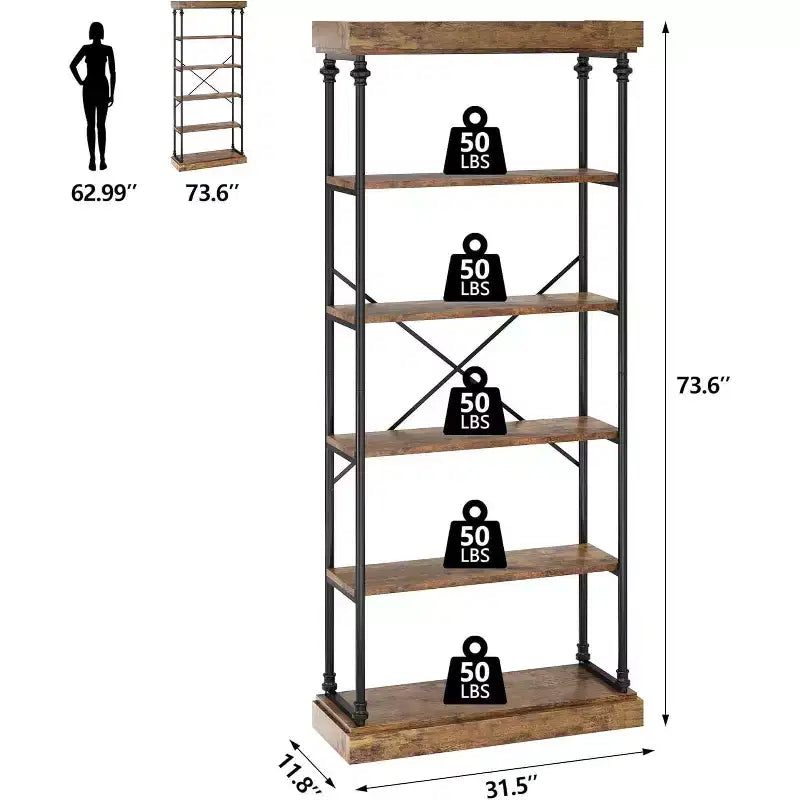 6 Tier Wooden Industrial Bookshelf,Open Shelf with Metal Frame,Large Grey Display Shelf for Bedroom,Living Room,Office