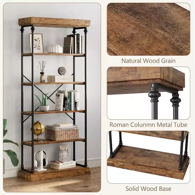 6 Tier Wooden Industrial Bookshelf,Open Shelf with Metal Frame,Large Grey Display Shelf for Bedroom,Living Room,Office
