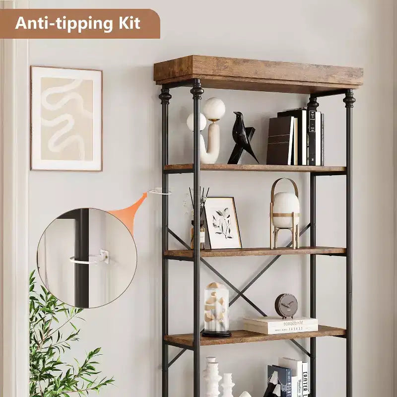 6 Tier Wooden Industrial Bookshelf,Open Shelf with Metal Frame,Large Grey Display Shelf for Bedroom,Living Room,Office