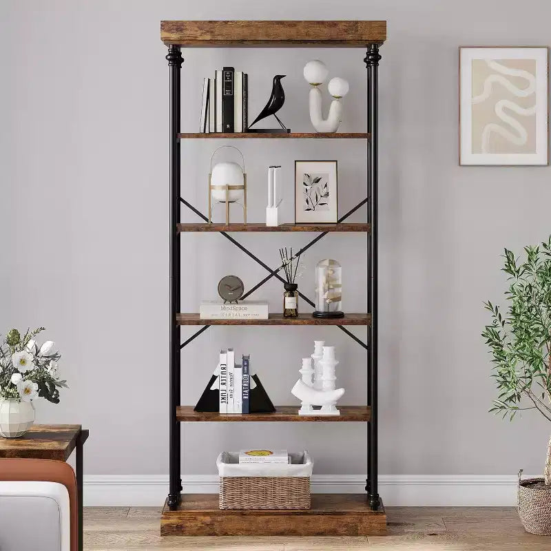 6 Tier Wooden Industrial Bookshelf,Open Shelf with Metal Frame,Large Grey Display Shelf for Bedroom,Living Room,Office
