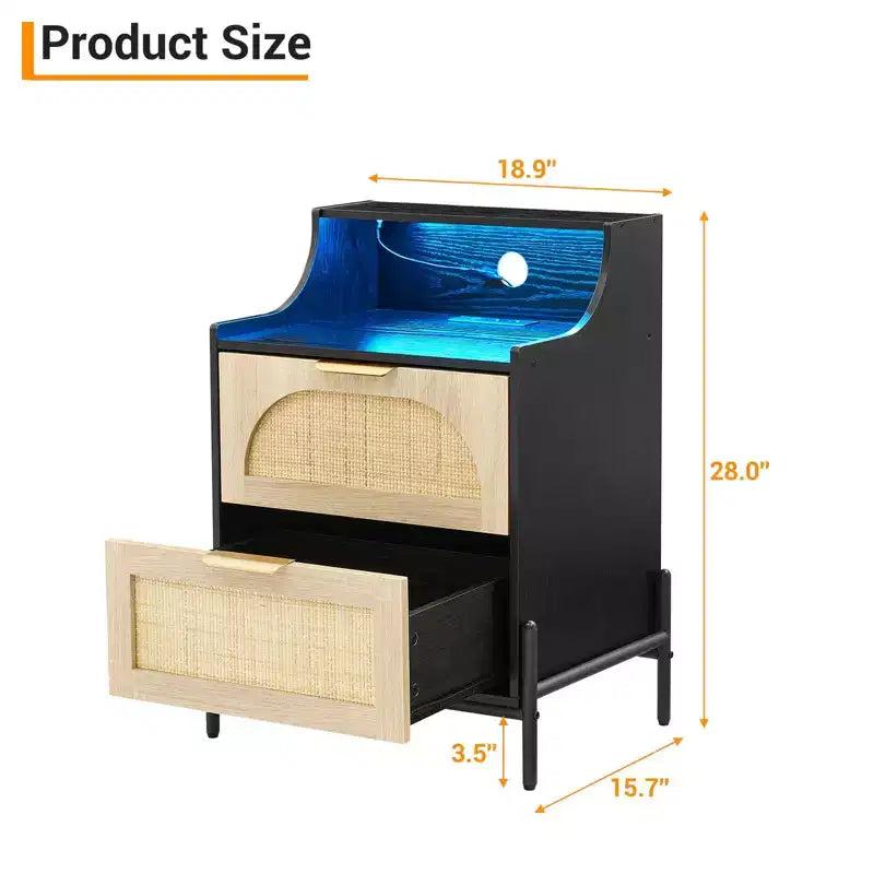 2-Drawer Rattan Nightstand w/ Charging Station & LED Lights for Bedroom & Living Room