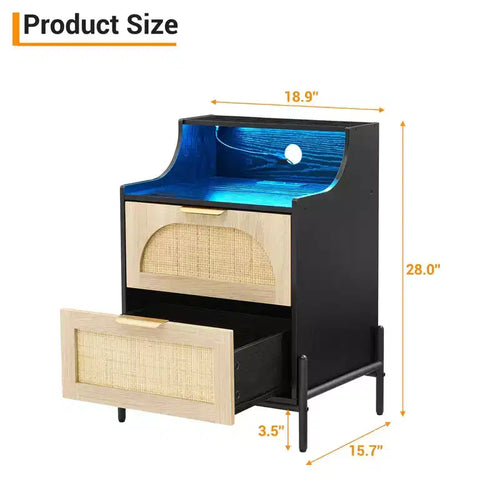 2-Drawer Rattan Nightstand w/ Charging Station & LED Lights for Bedroom & Living Room