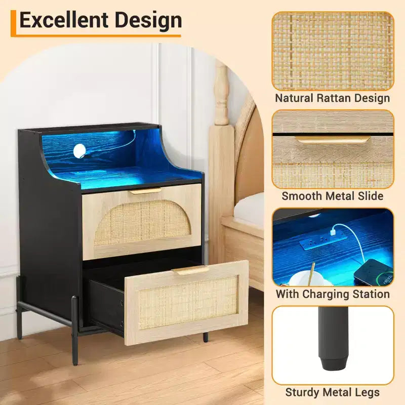 2-Drawer Rattan Nightstand w/ Charging Station & LED Lights for Bedroom & Living Room