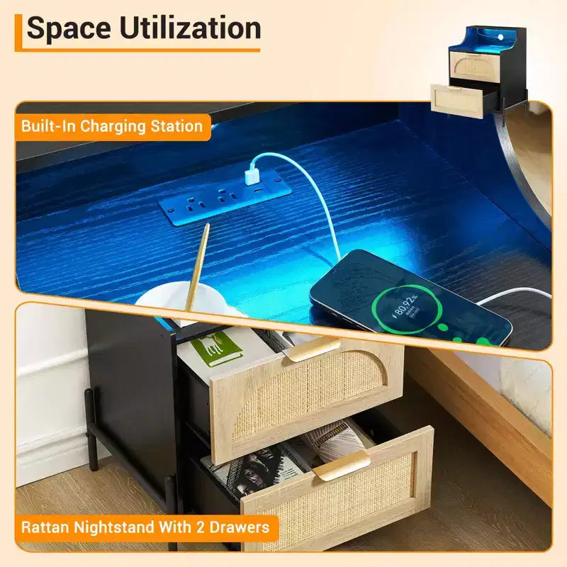 2-Drawer Rattan Nightstand w/ Charging Station & LED Lights for Bedroom & Living Room