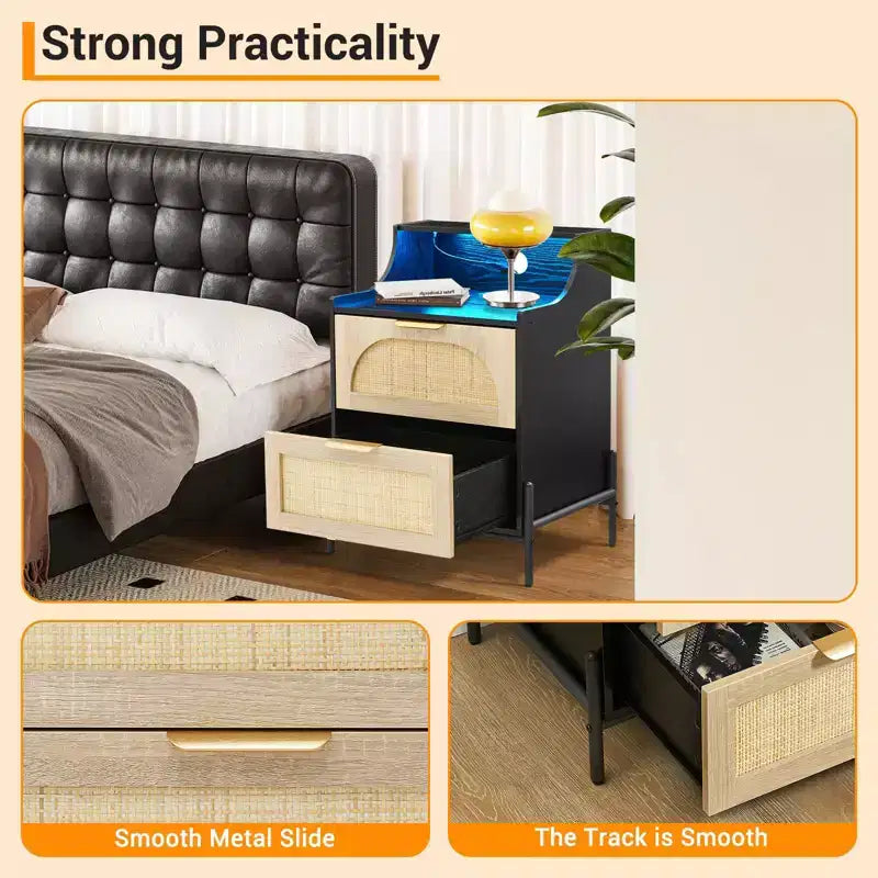 2-Drawer Rattan Nightstand w/ Charging Station & LED Lights for Bedroom & Living Room