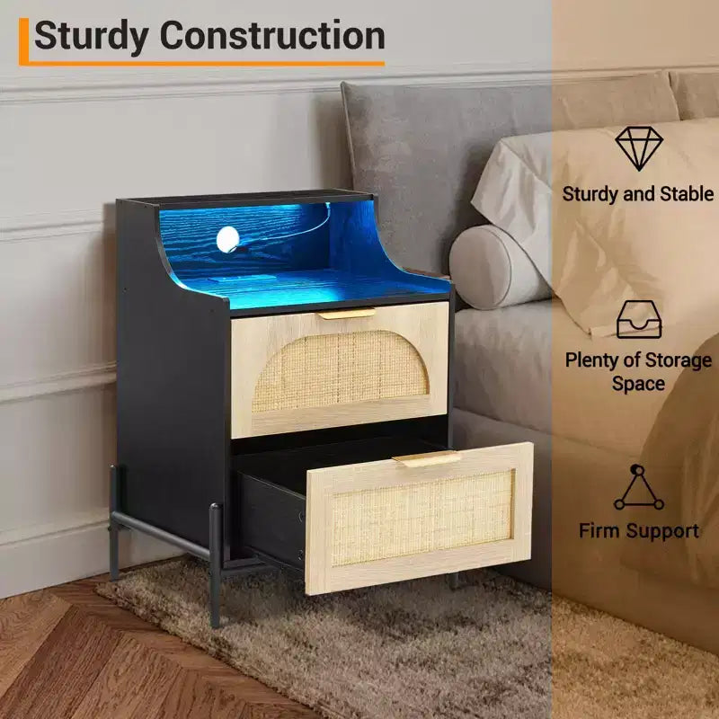 2-Drawer Rattan Nightstand w/ Charging Station & LED Lights for Bedroom & Living Room