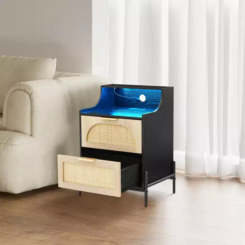 2-Drawer Rattan Nightstand w/ Charging Station & LED Lights for Bedroom & Living Room